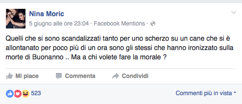 Nina Moric scherza sul cane perduto della Rodriguez