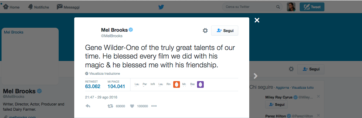 Gene Wilder, il tributo social di Hollywood Gene Wilder, il tributo social di Hollywood