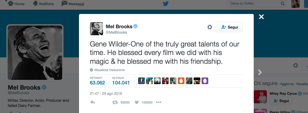 Gene Wilder, il tributo social di Hollywood Gene Wilder, il tributo social di Hollywood