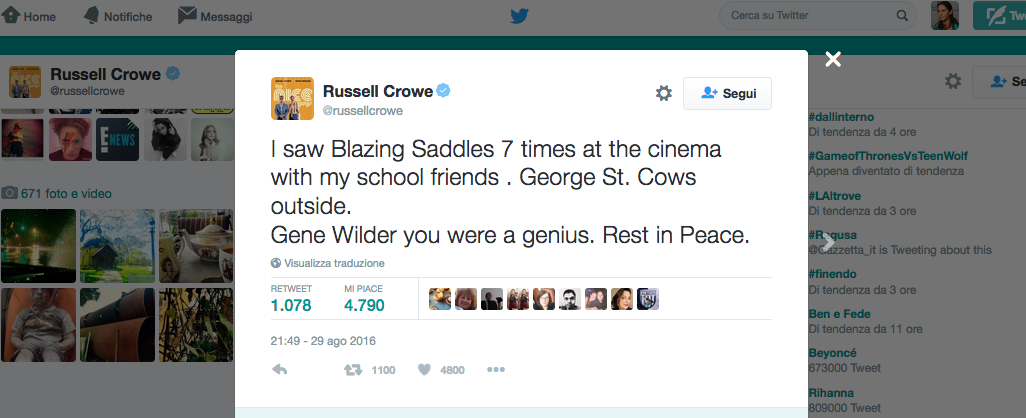 Gene Wilder, il tributo social di Hollywood Gene Wilder, il tributo social di Hollywood