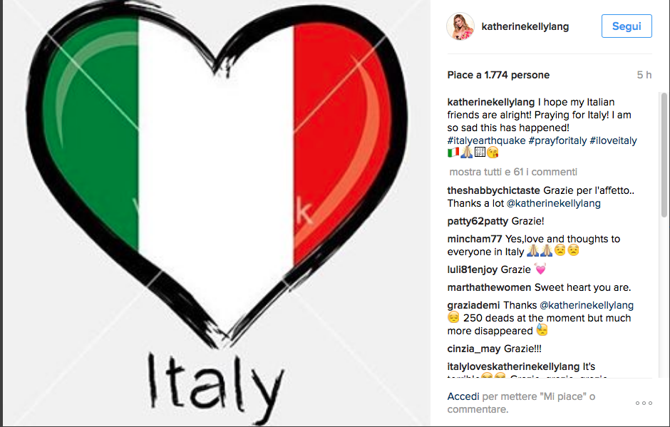 Terremoto, solidarietà social anche dalle star internazionali Terremoto, solidarietà social anche dalle star internazionali