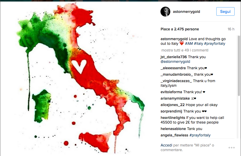 Terremoto, solidarietà social anche dalle star internazionali Terremoto, solidarietà social anche dalle star internazionali