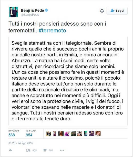 Terremoto, la solidarietà vip corre sui social network Terremoto, la solidarietà vip corre sui social network
