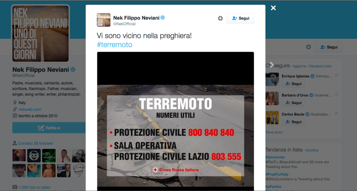 Terremoto, la solidarietà vip corre sui social network Terremoto, la solidarietà vip corre sui social network