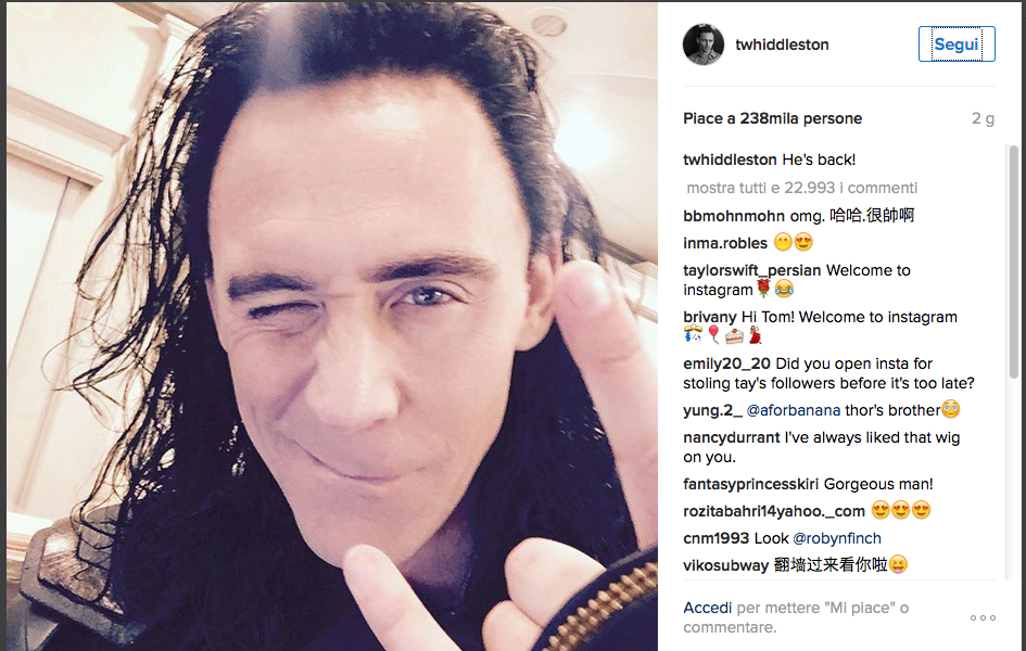 Tom Hiddleston sbarca su Instagram Tom Hiddleston sbarca su Instagram