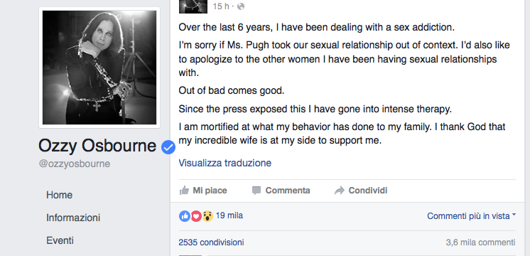 Ozzy Osbourne in clinica per curare la dipendenza dal sesso Ozzy Osbourne in clinica per curare la dipendenza dal sesso