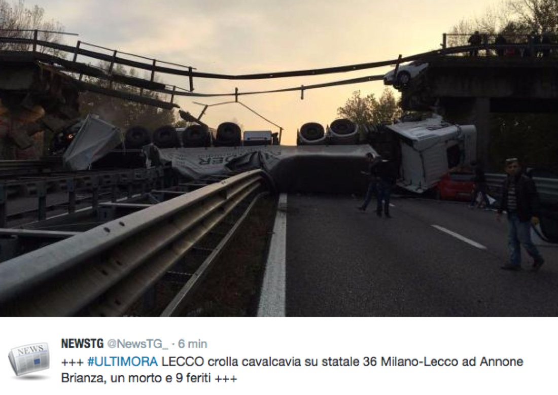 Annone: crolla un cavalcavia sulla SS36 Milano-Lecco, almeno un morto