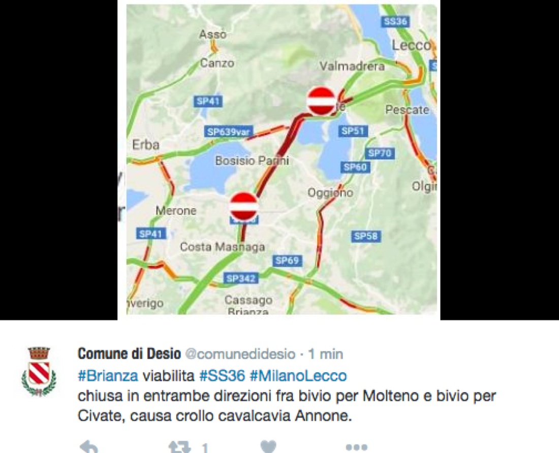 Annone: crolla un cavalcavia sulla SS36 Milano-Lecco, almeno un morto