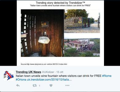 E’ in Abruzzo la prima fontana di vino sempre aperta