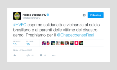 I messaggi social del mondo del calcio per la tragedia della Chapecoense