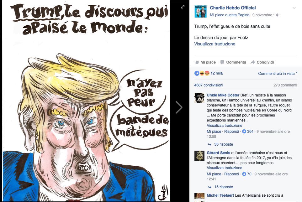 Charlie Hebdo, la copertina è dedicata a Donald Trump Charlie Hebdo, la copertina è dedicata a Donald Trump