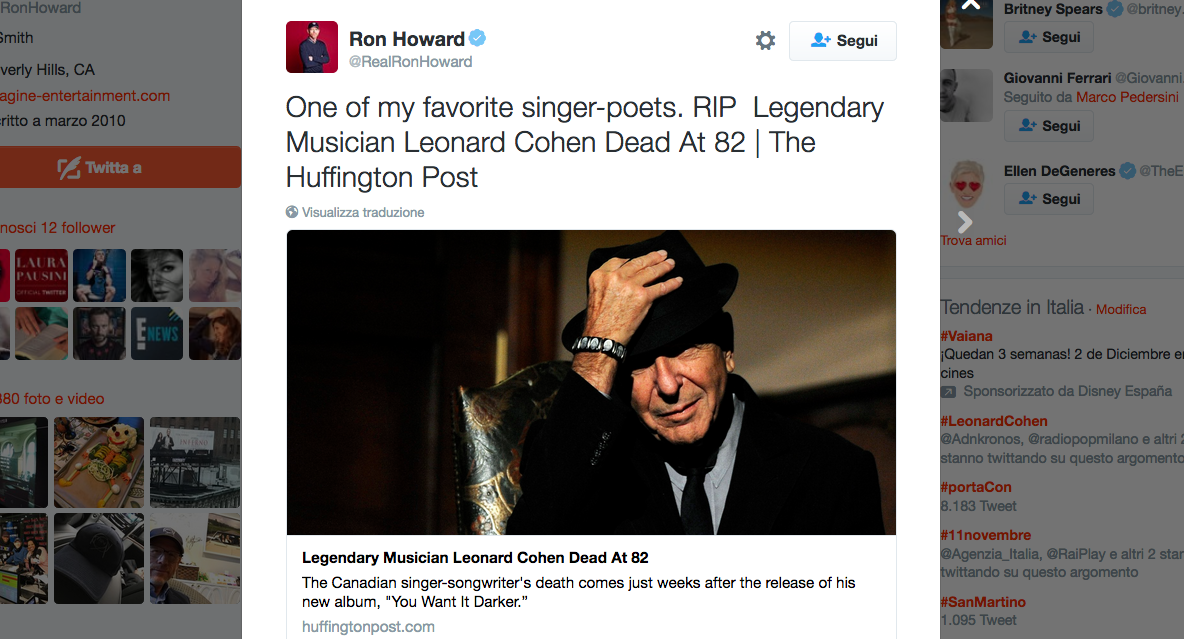E’ morto Leonard Cohen, il cordoglio vip sui social network E’ morto Leonard Cohen, il cordoglio vip sui social network