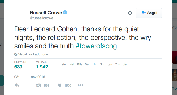 E’ morto Leonard Cohen, il cordoglio vip sui social network E’ morto Leonard Cohen, il cordoglio vip sui social network