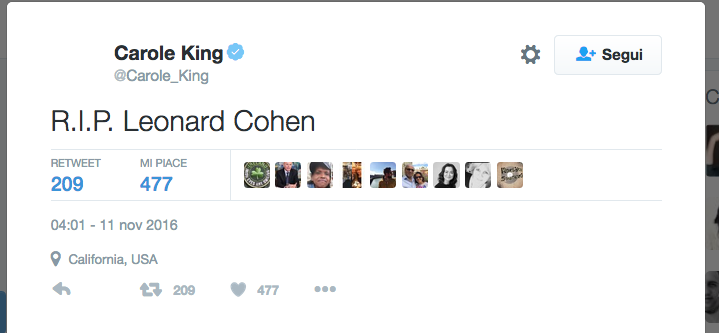 E’ morto Leonard Cohen, il cordoglio vip sui social network E’ morto Leonard Cohen, il cordoglio vip sui social network
