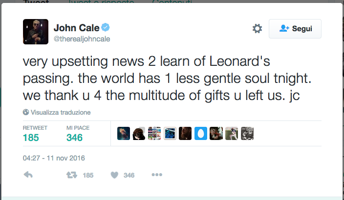 E’ morto Leonard Cohen, il cordoglio vip sui social network E’ morto Leonard Cohen, il cordoglio vip sui social network