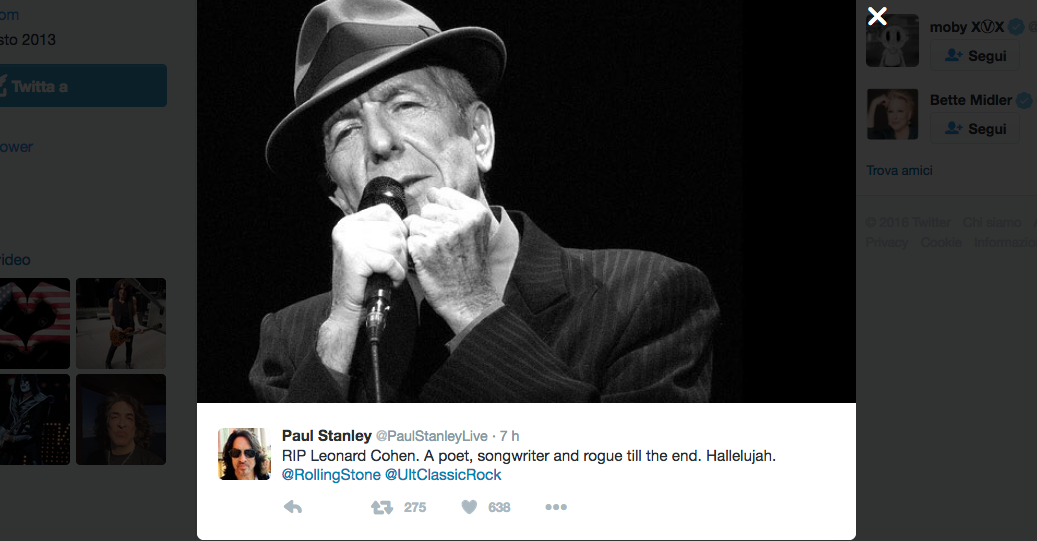 E’ morto Leonard Cohen, il cordoglio vip sui social network E’ morto Leonard Cohen, il cordoglio vip sui social network