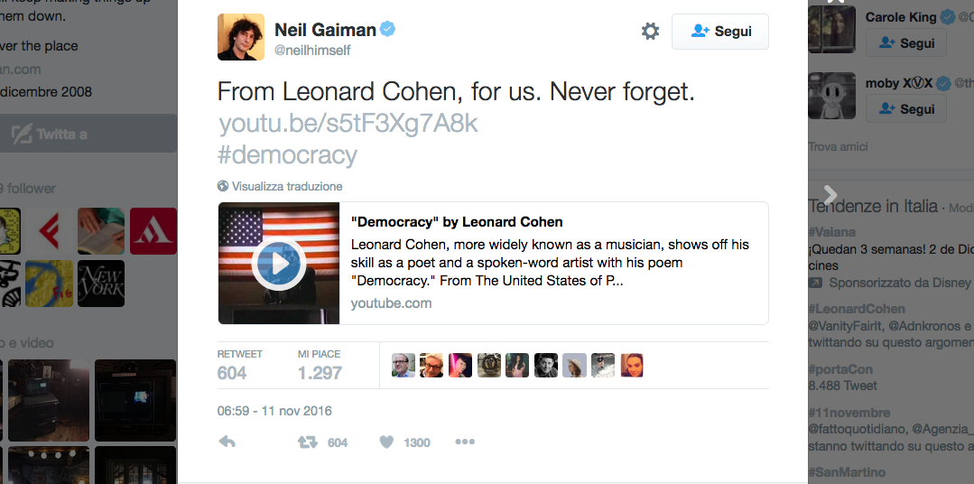 E’ morto Leonard Cohen, il cordoglio vip sui social network E’ morto Leonard Cohen, il cordoglio vip sui social network