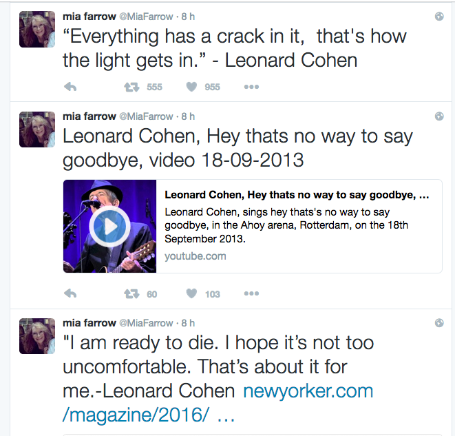 E’ morto Leonard Cohen, il cordoglio vip sui social network E’ morto Leonard Cohen, il cordoglio vip sui social network