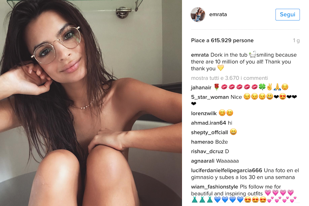 Emily Ratajkowski: un sexy scatto per festeggiare i 10 milioni di follower Emily Ratajkowski: un sexy scatto per festeggiare i 10 milioni di follower