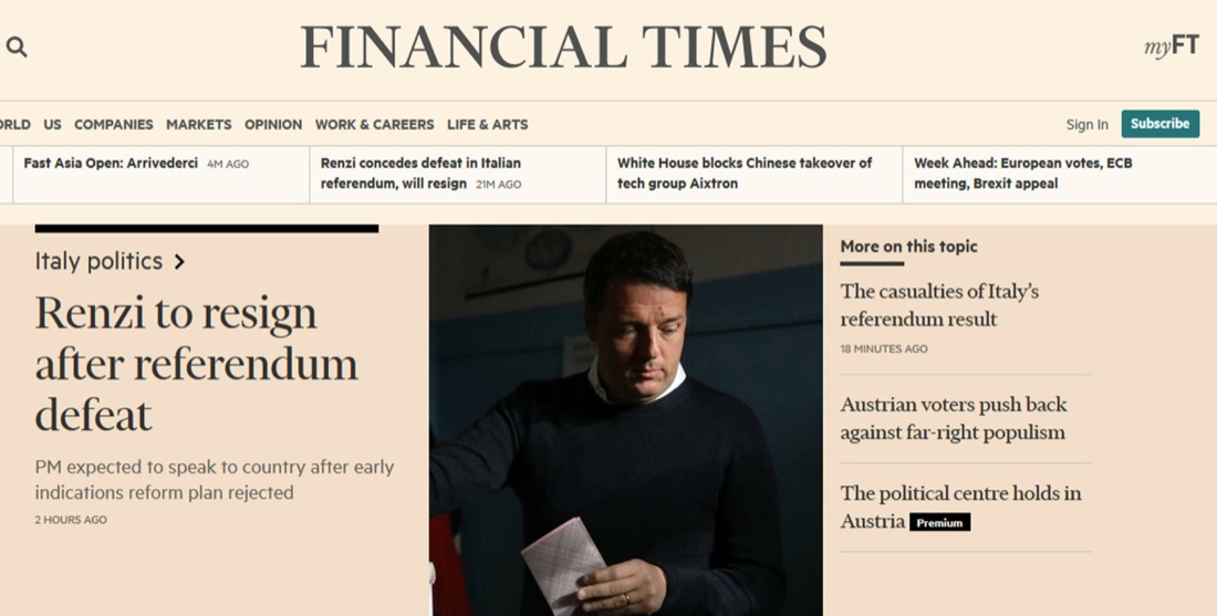 Referendum costituzionale, le dimissioni di Renzi fanno il giro del mondo Referendum costituzionale, le dimissioni di Renzi fanno il giro del mondo