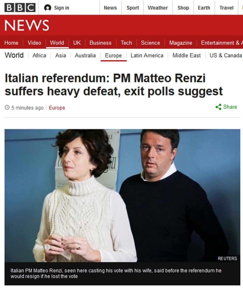 Referendum costituzionale, le dimissioni di Renzi fanno il giro del mondo Referendum costituzionale, le dimissioni di Renzi fanno il giro del mondo