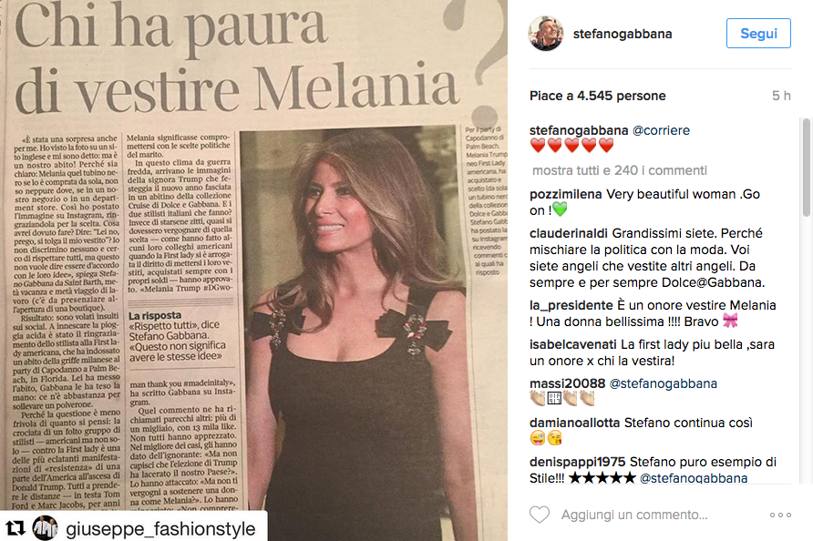 Melania Trump veste Dolce&Gabbana e scoppia la polemica social Melania Trump veste Dolce&Gabbana e scoppia la polemica social