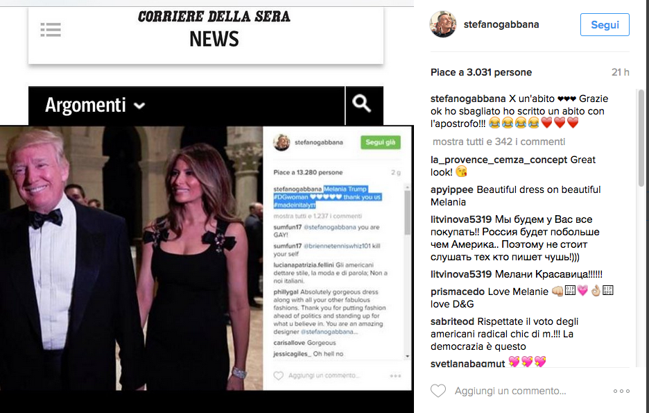 Melania Trump veste Dolce&Gabbana e scoppia la polemica social Melania Trump veste Dolce&Gabbana e scoppia la polemica social