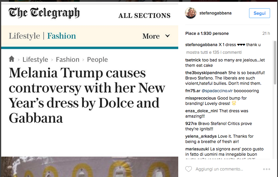 Melania Trump veste Dolce&Gabbana e scoppia la polemica social Melania Trump veste Dolce&Gabbana e scoppia la polemica social