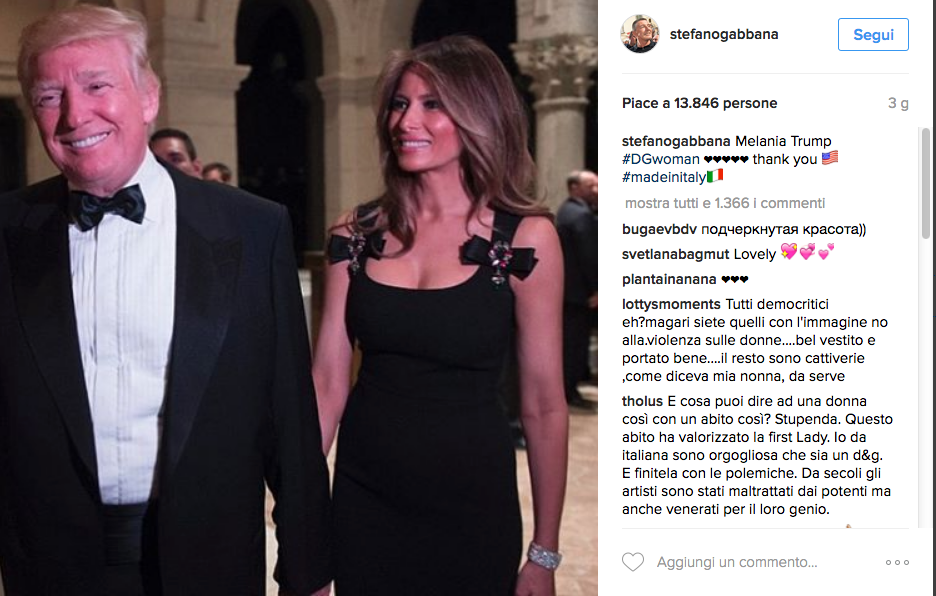 Melania Trump veste Dolce&Gabbana e scoppia la polemica social Melania Trump veste Dolce&Gabbana e scoppia la polemica social