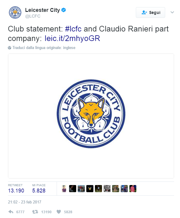 Ranieri esonerato dal Leicester: fine della favola della Premier League Ranieri esonerato dal Leicester: fine della favola della Premier League