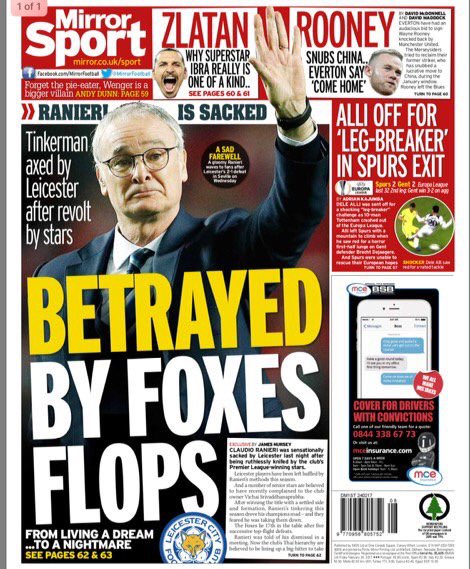 Ranieri esonerato dal Leicester: fine della favola della Premier League Ranieri esonerato dal Leicester: fine della favola della Premier League