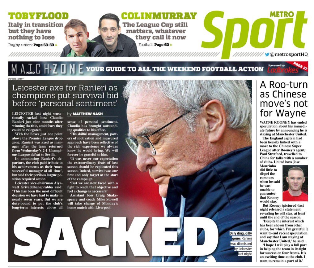 Ranieri esonerato dal Leicester: fine della favola della Premier League Ranieri esonerato dal Leicester: fine della favola della Premier League