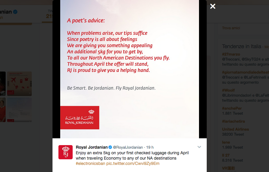 Royal Jordanian Airlines risponde con ironia all’electronics ban di Trump Royal Jordanian Airlines risponde con ironia all’electronics ban di Trump