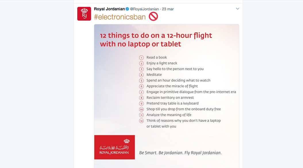 Royal Jordanian Airlines risponde con ironia all’electronics ban di Trump Royal Jordanian Airlines risponde con ironia all’electronics ban di Trump