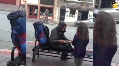 Bambina regala il suo pasto al clochard fuori dal ristorante | video