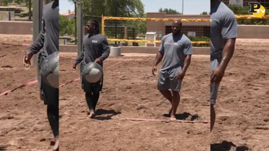Giocatori di Football Americano si allenano con la palla medica da 10kg a Beach Volley