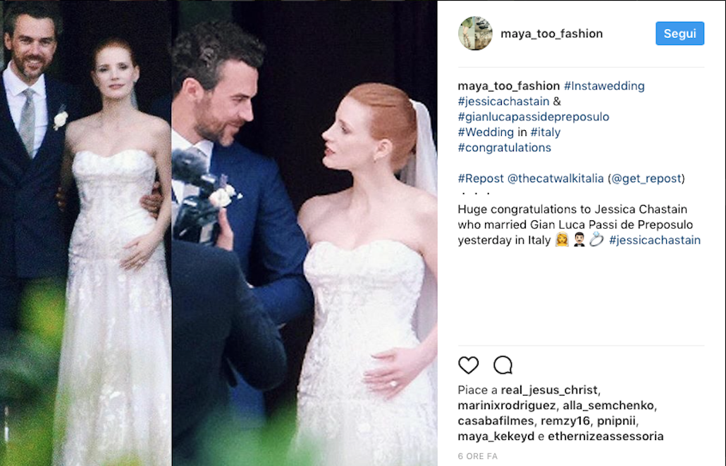 Jessica Chastain, matrimonio italiano con Gian Luca Passi Jessica Chastain, matrimonio italiano con Gian Luca Passi