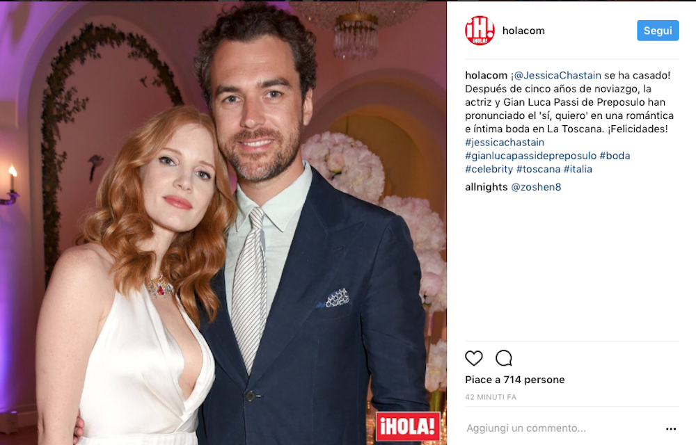Jessica Chastain, matrimonio italiano con Gian Luca Passi Jessica Chastain, matrimonio italiano con Gian Luca Passi