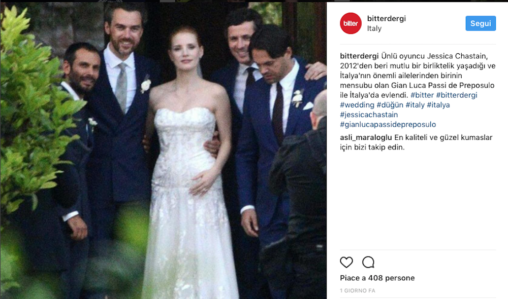 Jessica Chastain, matrimonio italiano con Gian Luca Passi Jessica Chastain, matrimonio italiano con Gian Luca Passi