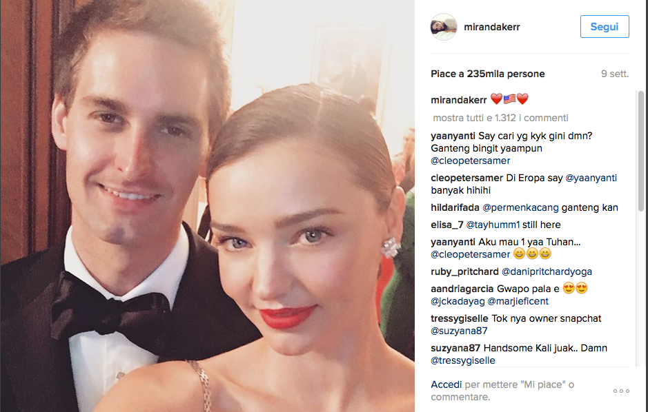 Miranda Kerr, nozze segrete con Mr. Snapchat Evan Spiegel Miranda Kerr, nozze segrete con Mr. Snapchat Evan Spiegel