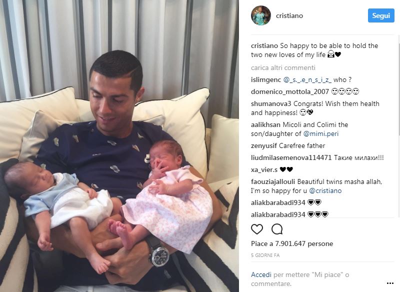 Cristiano Ronaldo su Instagram con tutti e tre i figli