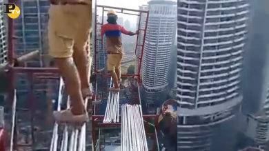 Operaio costruisce il ponteggio sul grattacielo senza protezione | video virale