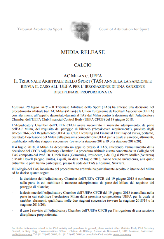 Milan, il Tas di Losanna restituisce l’Europa. Ecco la sentenza