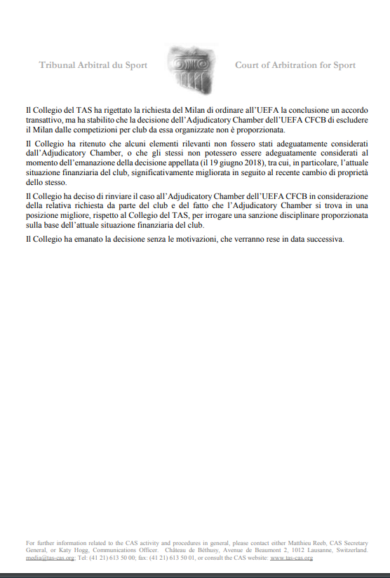 Milan, il Tas di Losanna restituisce l’Europa. Ecco la sentenza