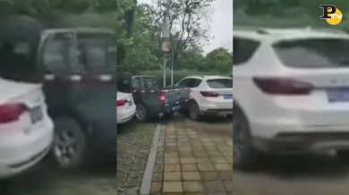 Suv gli blocca l’uscita dal parcheggio, lui si libera così | video
