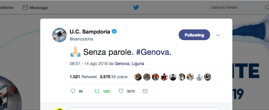 Disastro di Genova: il cordoglio social Disastro di Genova: il cordoglio social