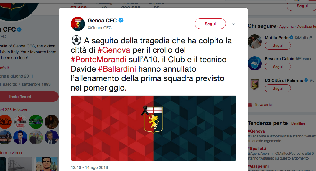Disastro di Genova: il cordoglio social Disastro di Genova: il cordoglio social