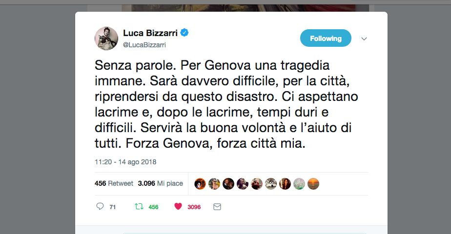 Disastro di Genova: il cordoglio social Disastro di Genova: il cordoglio social