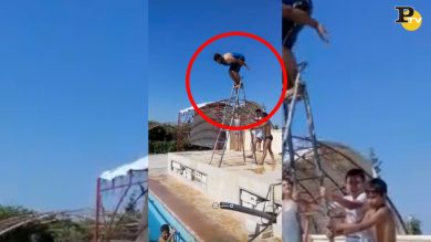 Tenta un tuffo “olimpionico” in piscina ma finisce male… | video