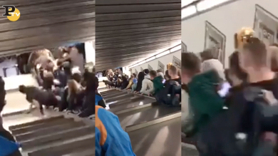 Crolla scala mobile della metropolitana a Roma con i tifosi del CSKA Mosca | video